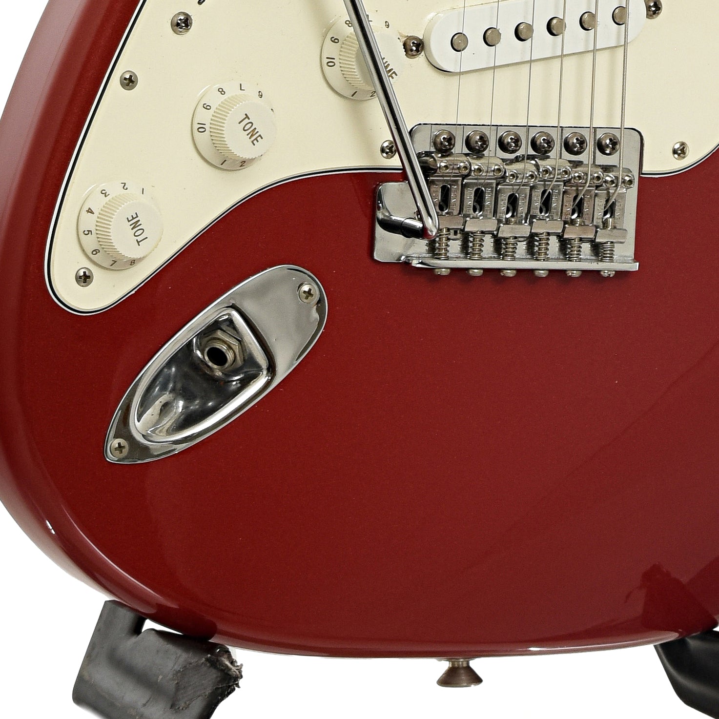 Bridge and controls of Fender Standard Stratocaster LH Electric Guitar. 