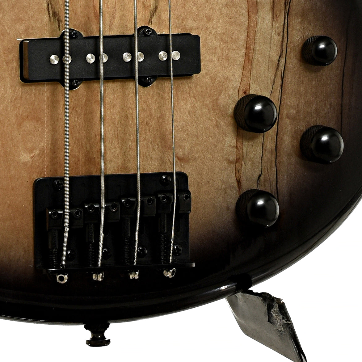 Bridge and controls of Ibanez GSR200SM 4-String Bass, Natural Gray Burst