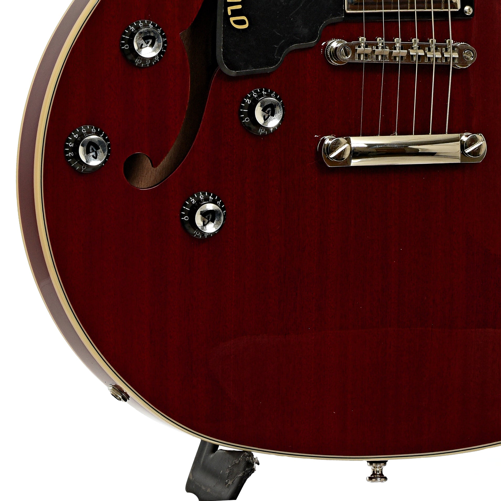 Bridge and controls of Guild Starfire I Cherry Red Left Handed Semi-Hollow Body Electric Guitar