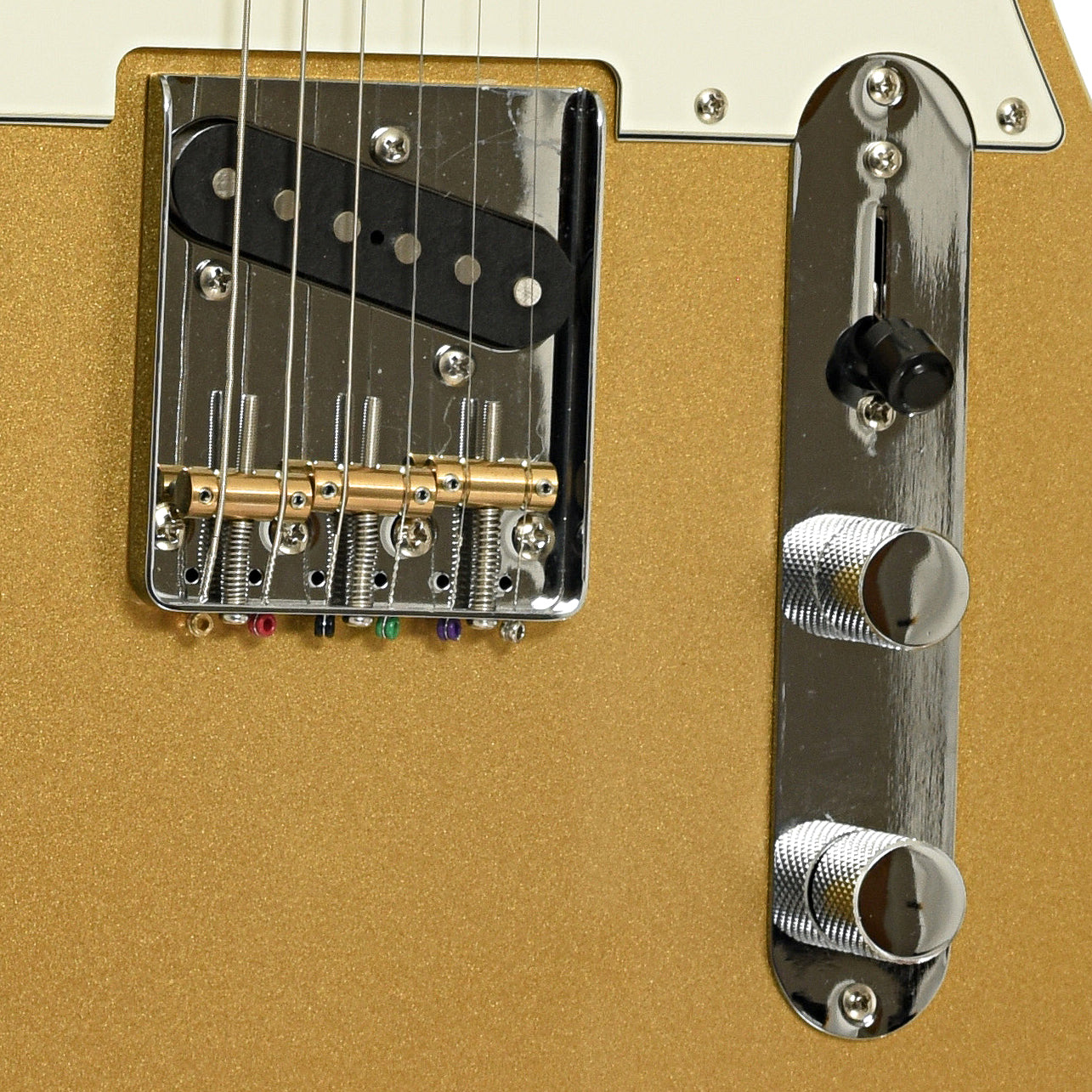 Bridge and controls of Squier Paranormal Custom Nashville Stratocaster Electric Guitar
