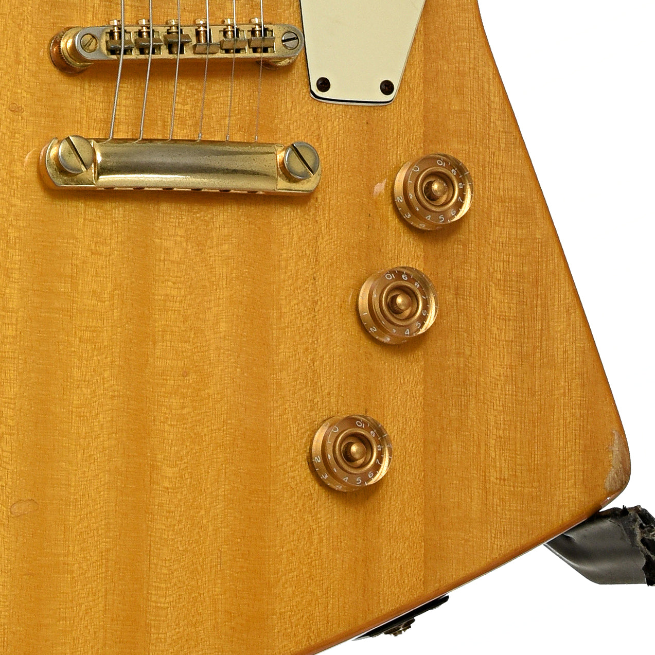 Bridge and controls of Epiphone '58 Korina Explorer Electric Guitar 