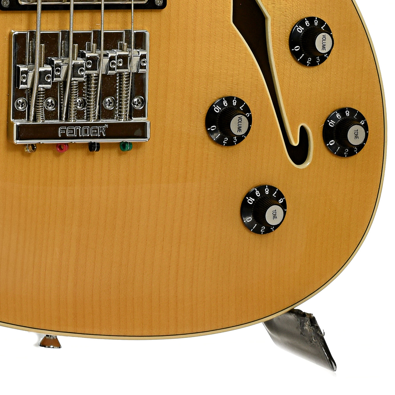 Bridge and controls of Fender Starcaster Hollowbody Electric Bass 