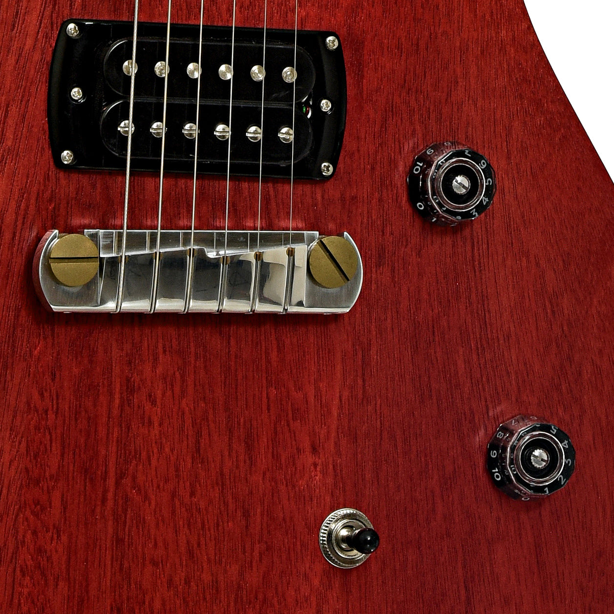 Bridge and controls of PRS SE CE 24 Standard Satin Stoptail Vintage Cherry Electric Guitar