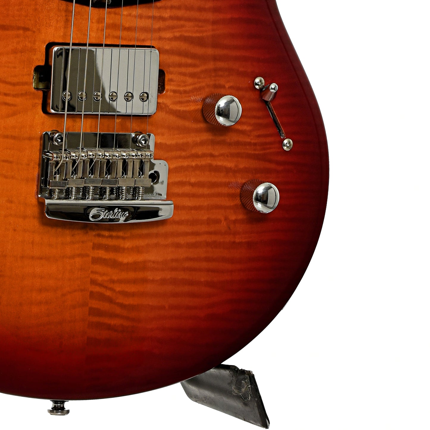 Bridge and controls of Sterling by Music Man Luke HSS Electric Guitar, Heritage Cherry Burst