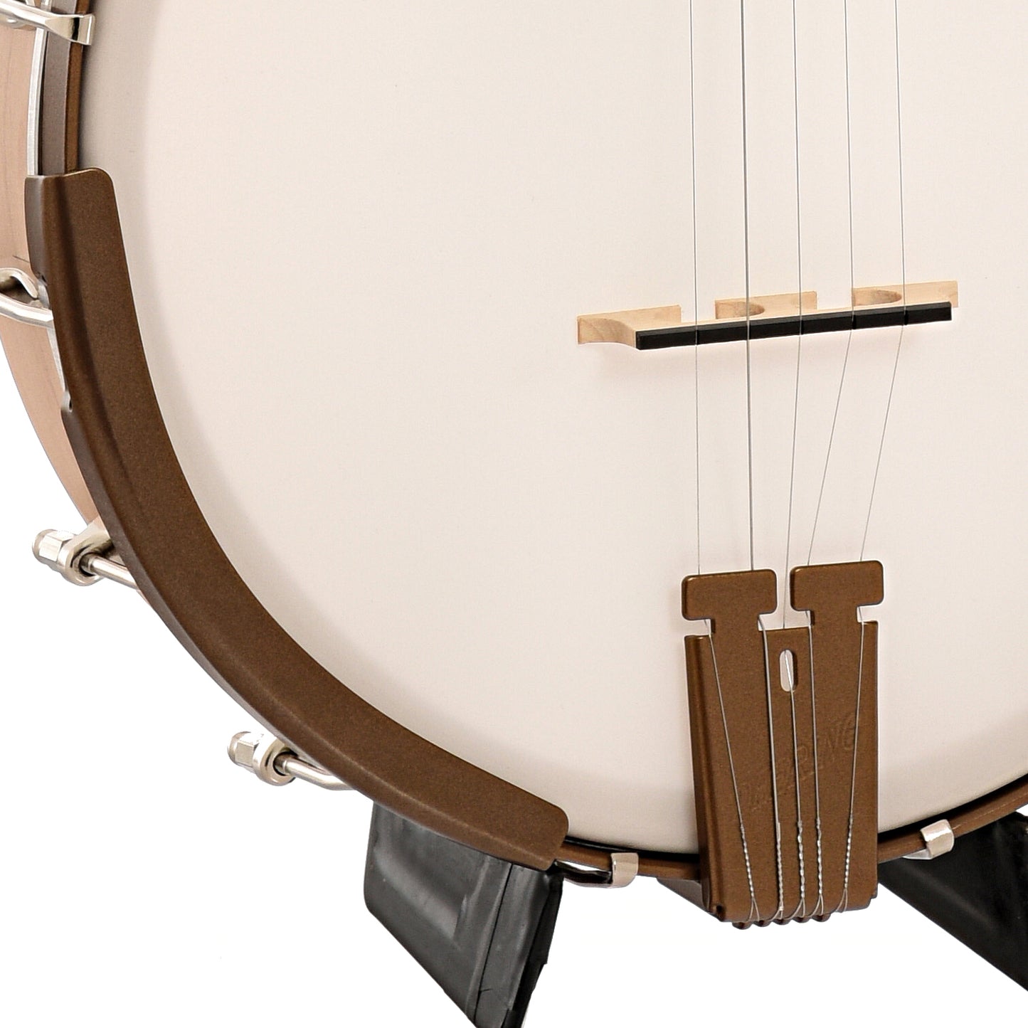 Armrest, bridge and tailpiece of Deering Goodtime Deco Openback Banjo with Scooped Fretboard