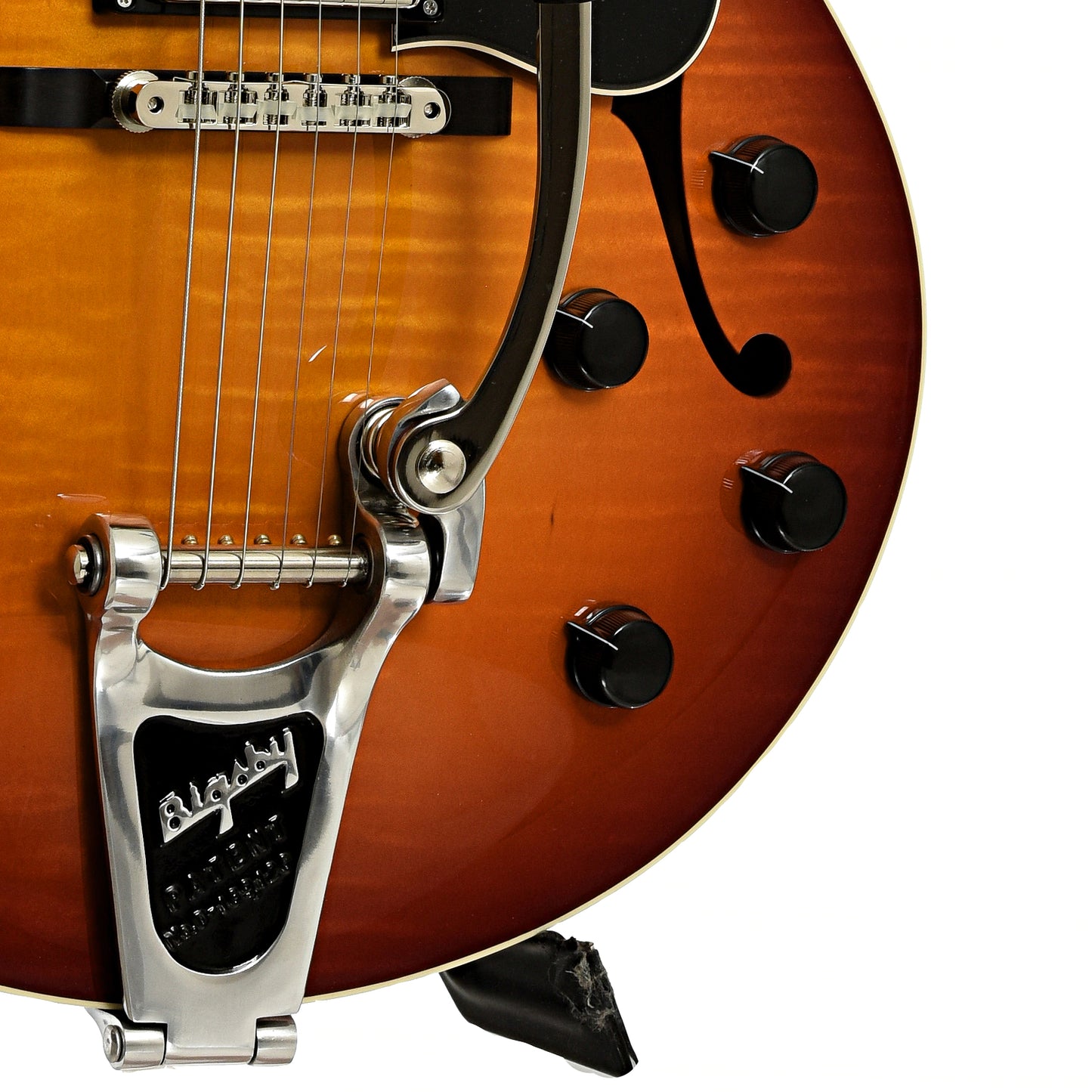 Bridge and controls of Collings 620 SM LC Hollowbody Electric Guitar, Dark Cherry Sunburst
