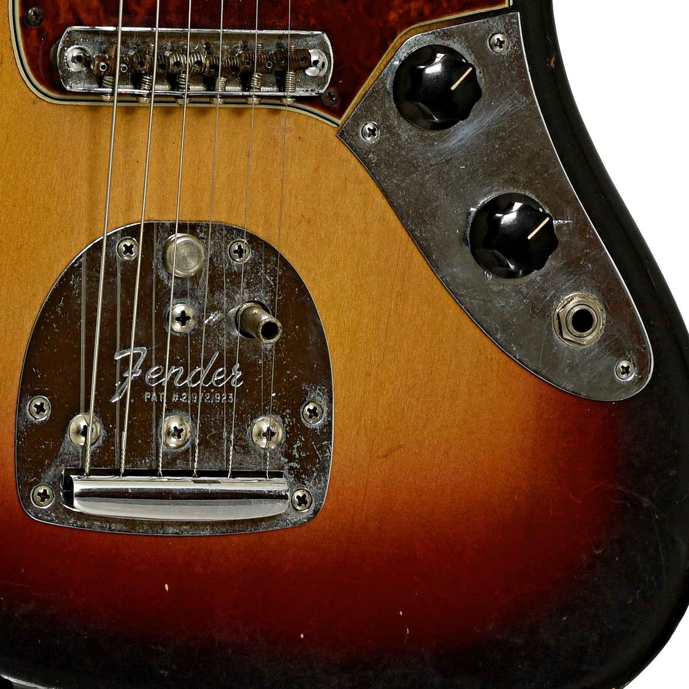 Bridge and controls of Fender Jaguar Electric Guitar