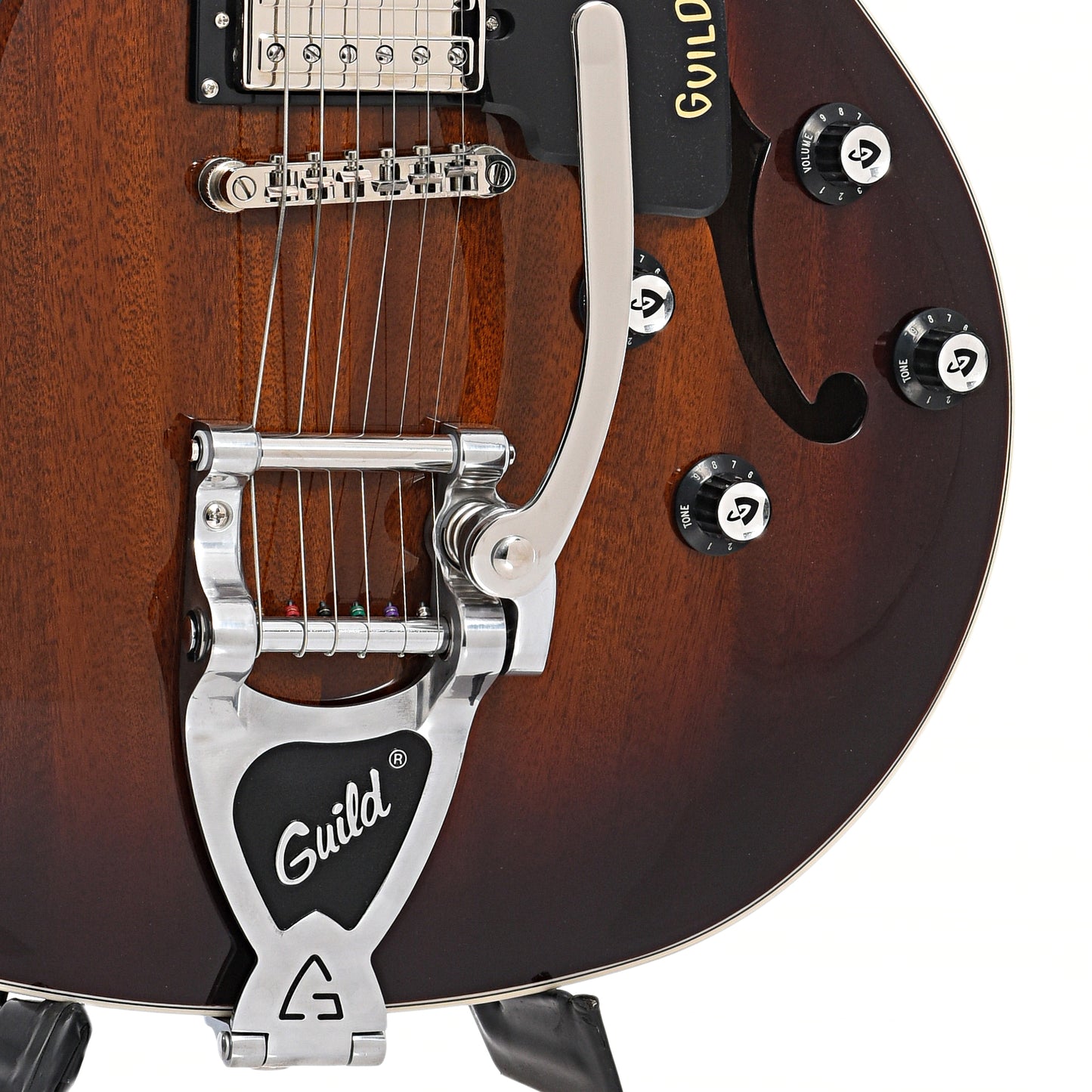 Tailpiece tremolo arm, controls and bridge of Guild Starfire I Double Cutaway Semi-Hollow Body Guitar with GVT, California Burst
