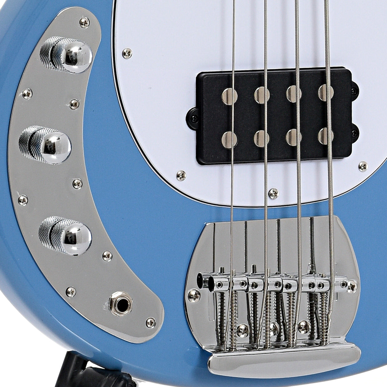 Bridge, controls and bridge pickup of Sterling by Music Man RAY4LH Left Handed 4-String Bass, Chopper Blue