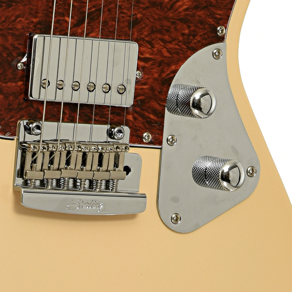 Bridge and controls of Sterling by Music Man Stingray SR50 Electric Guitar