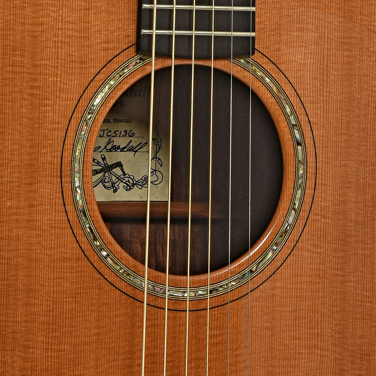 Soundhole of Goodall CCJC Master Sitka / Cocobolo Jumbo Guitar