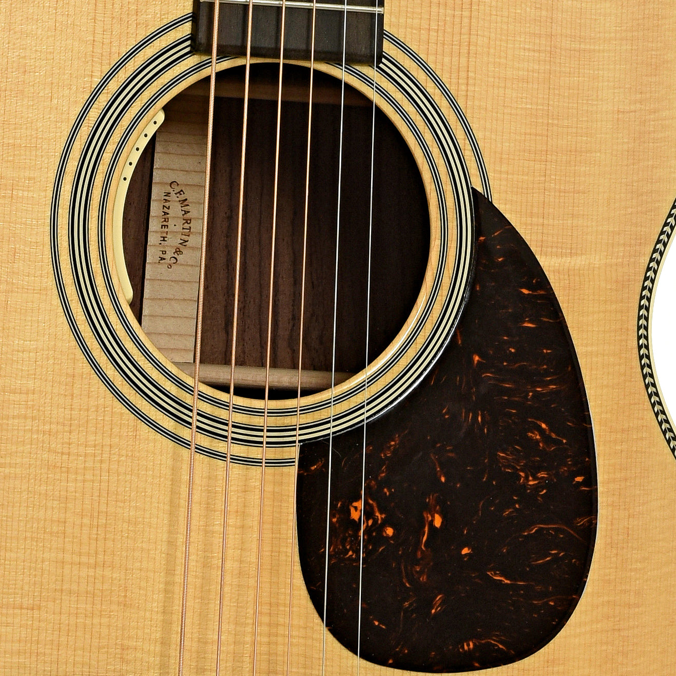 Soundhole of Martin OM28E Acoustic Electric Guitar & Case 