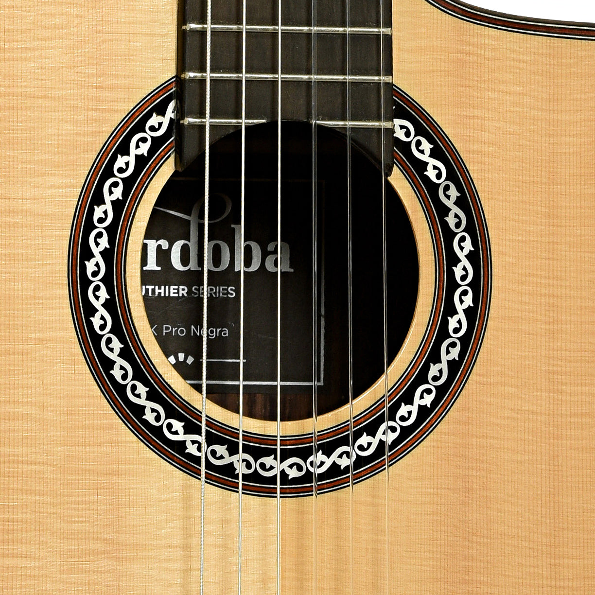 Soundhole of Cordoba GK Pro Negra Classical Guitar
