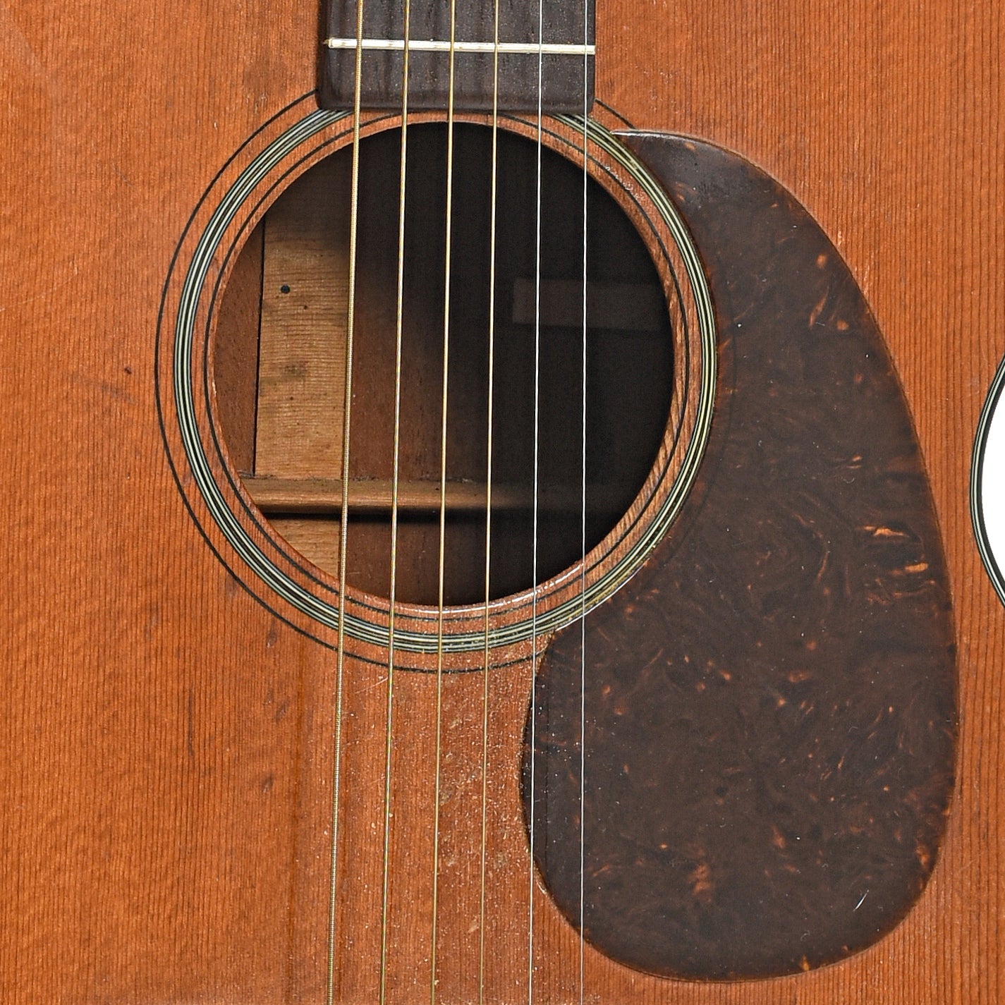 Sound hole and pickguard of 1946 Martin 000-18 Acoustic Guitar 
