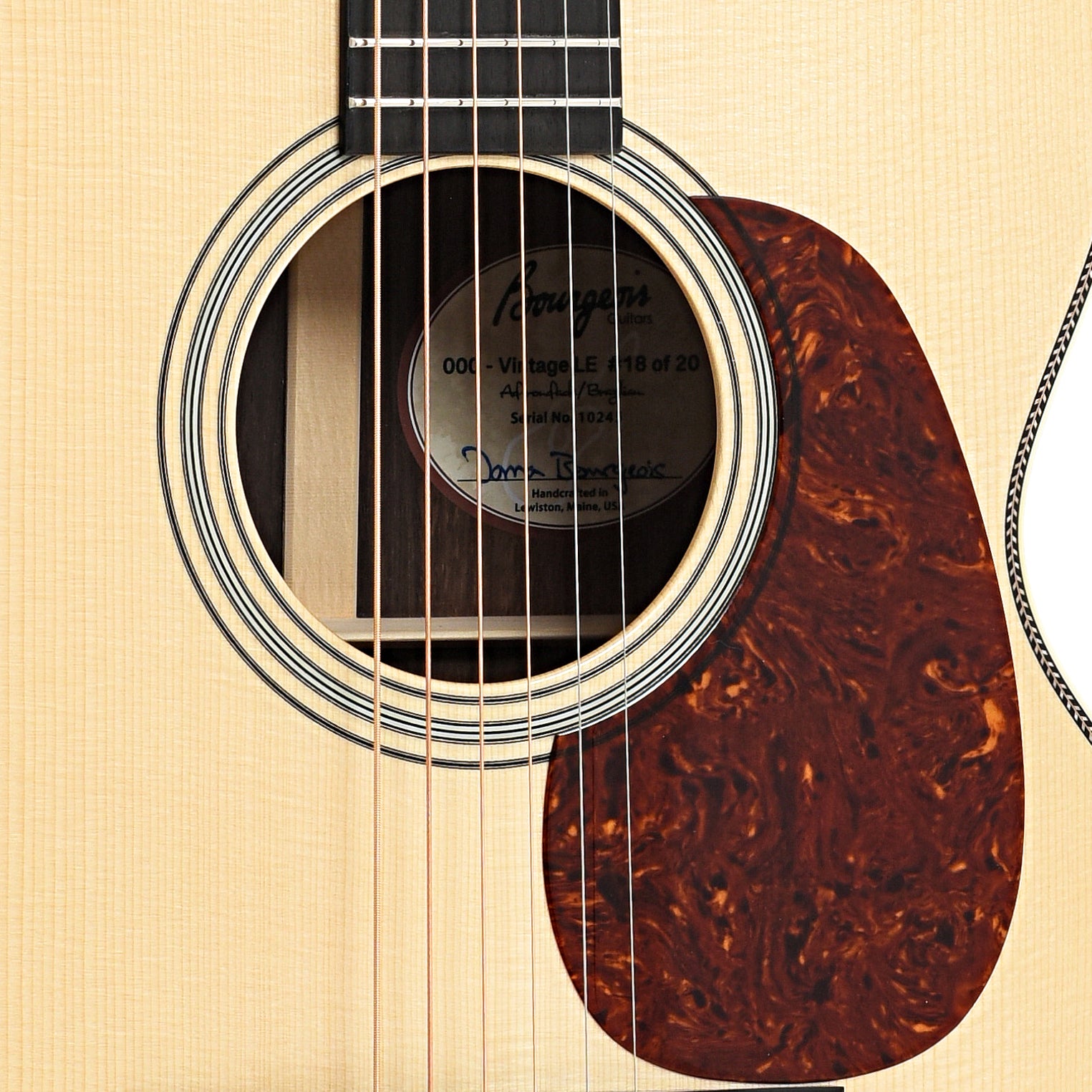 Sound hole and pickguard of Bourgeois Limited Edition Brazilian Rosewood 000LE Acoustic Guitar