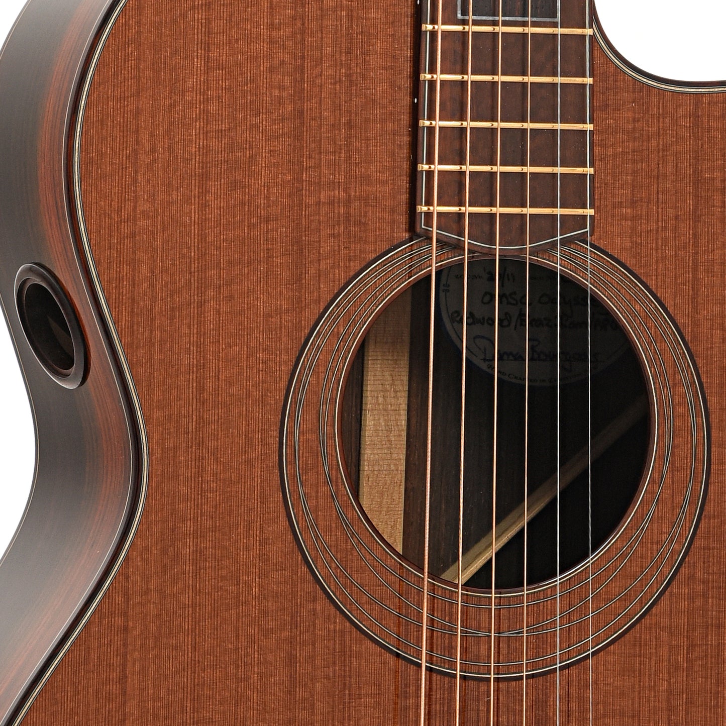Sound hole and side sound hole of Bourgeois OMSC Odyssey Brazilian Rosewood Acoustic Guitar