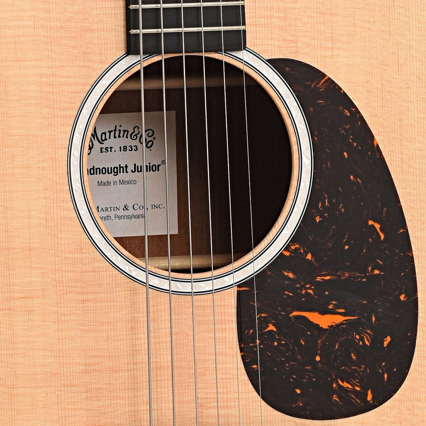 Sound hole and pickguard of Martin D Jr 10 Acoustic