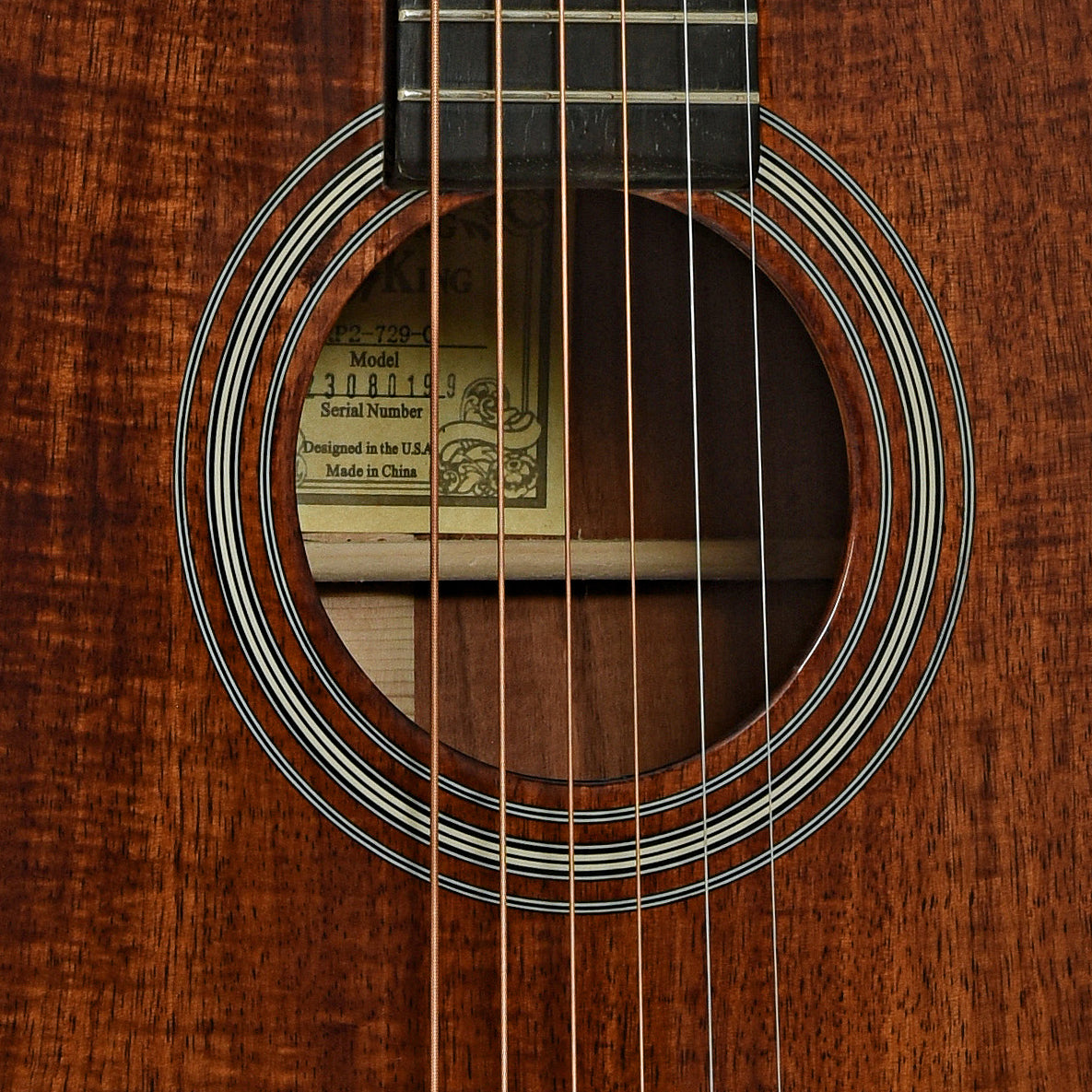 Soundhole of Recording King Koa 00 Cutaway Acoustic Guitar