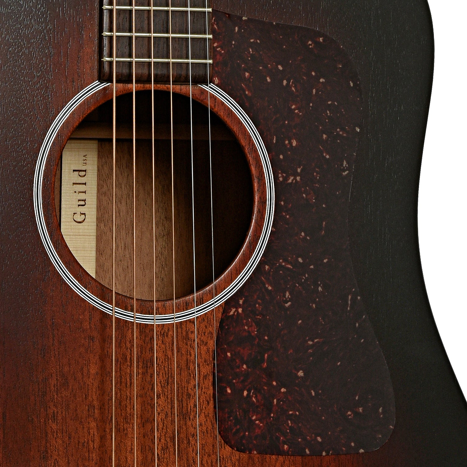 Soundhole of Guild USA D-20 VSB Mahogany Acoustic Guitar 