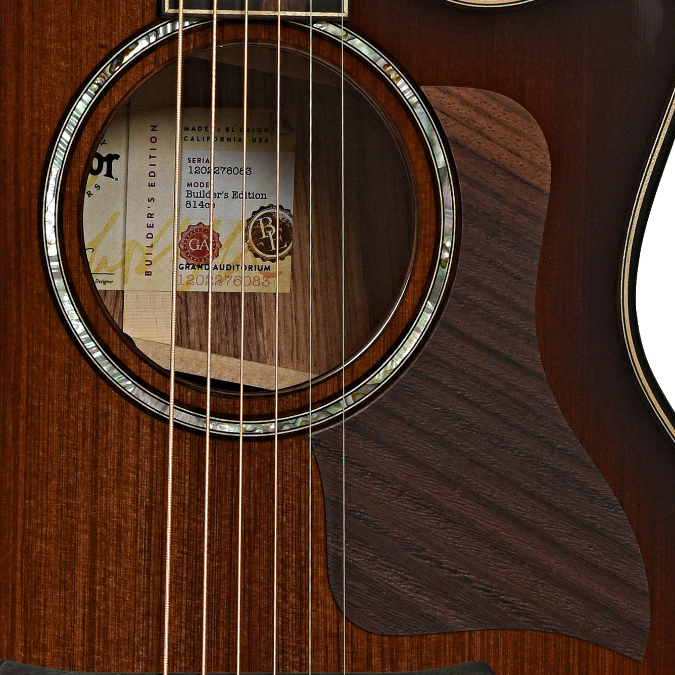 Soundhole of Taylor Next Generation Builder's Edition 814ce Acoustic-Electric Guitar & Case, Honduran Rosewood/Sinker Redwood