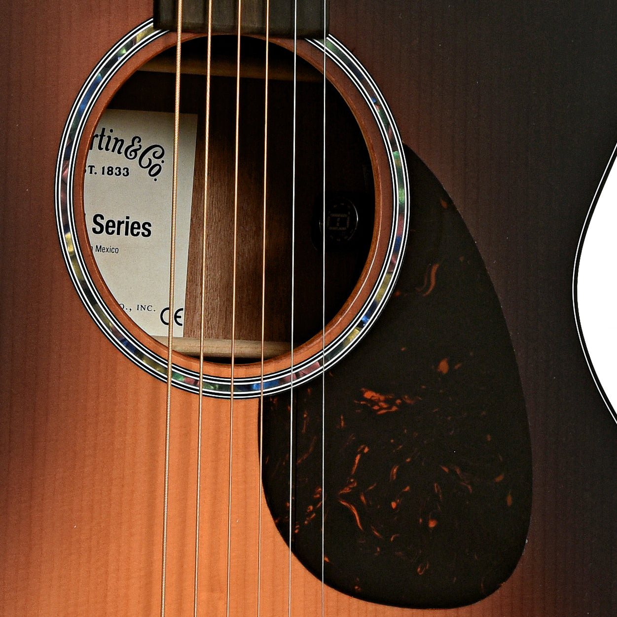 Soundhole of Martin OMC-10E Modern Sunburst Guitar