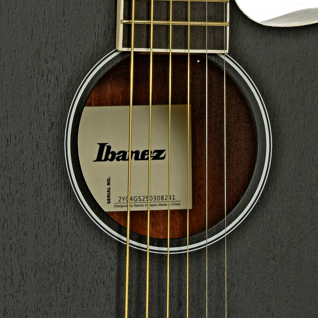 Soundhole of Ibanez AEG7MH Grand Concert Acoustic Guitar, Weathered Black Open Pore