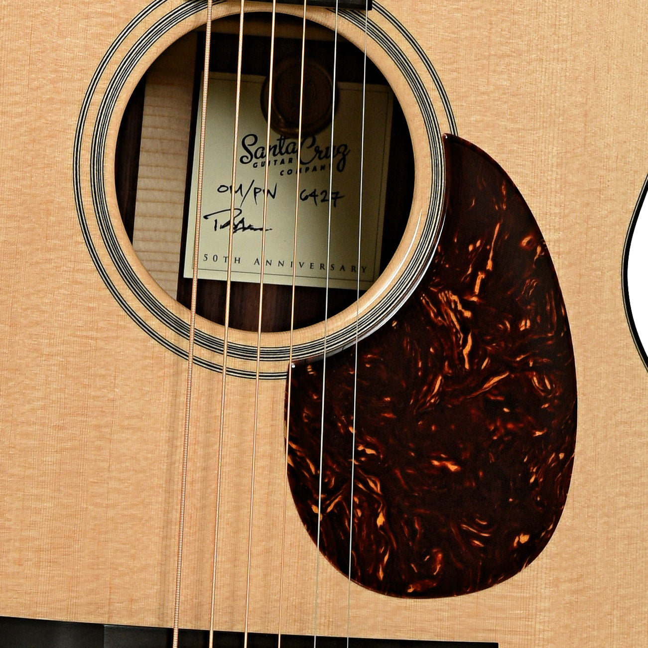 Soundhole of Santa Cruz 50th Anniversary Limited Edition OMPW Acoustic Guitar