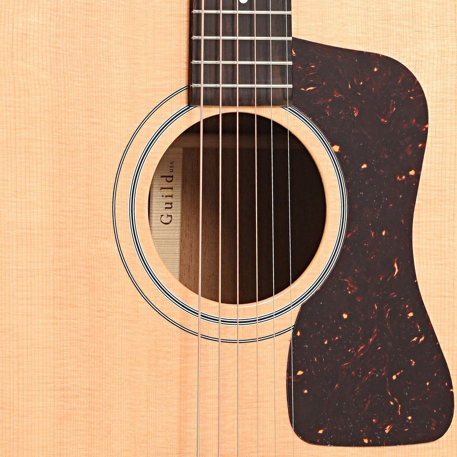 Sound hole and pickguard of Guild D-40 Standard Acoustic Guitar, Natural