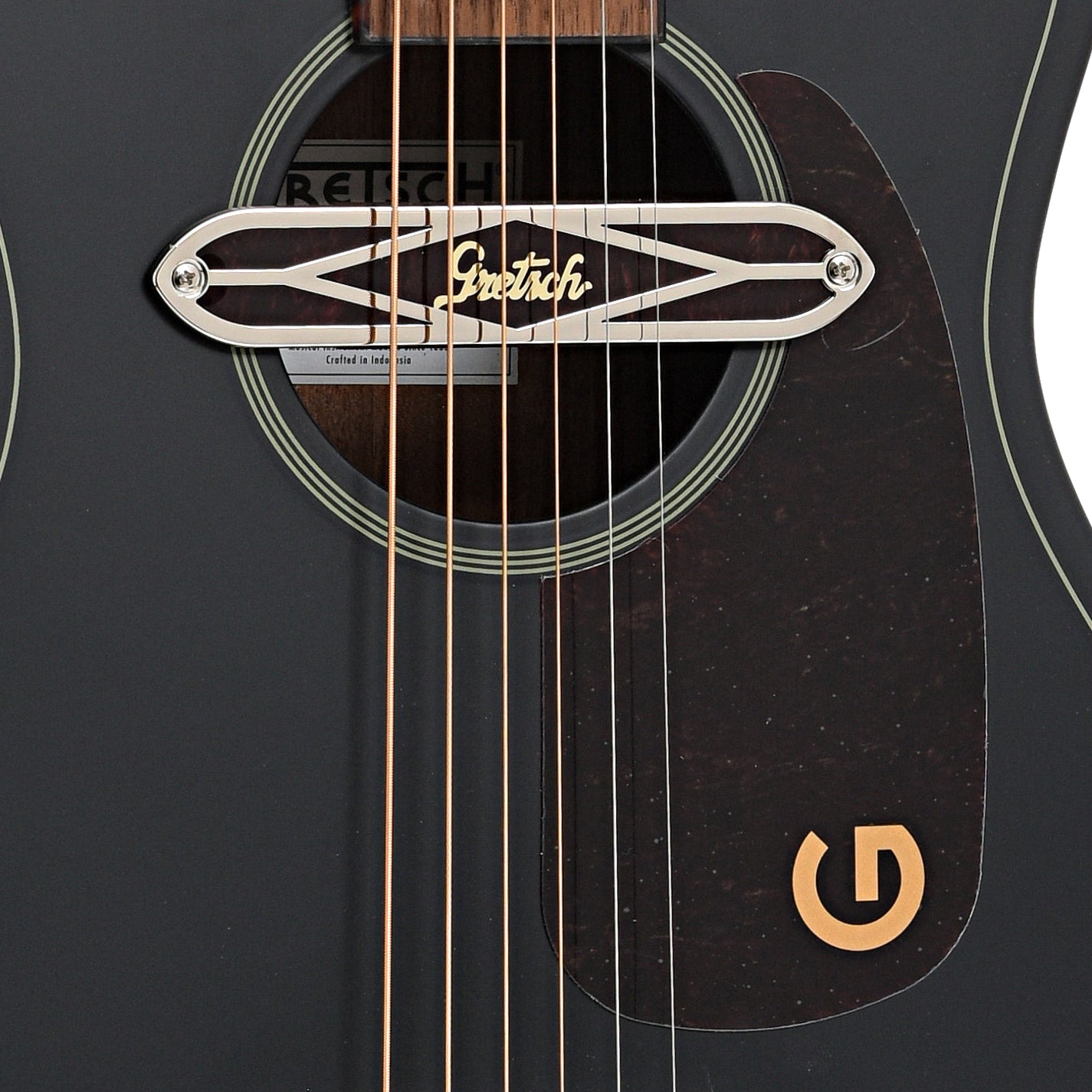 Sound hole and soundhole pickup of Gretsch Jim Dandy Deltoluxe Parlor Acoustic/Electric Guitar, Black Top