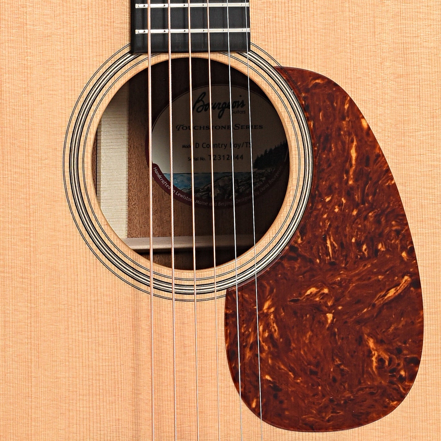 Soundhole and pickguard of Bourgeois Touchstone Series Country Boy Dreadnought Acoustic Guitar