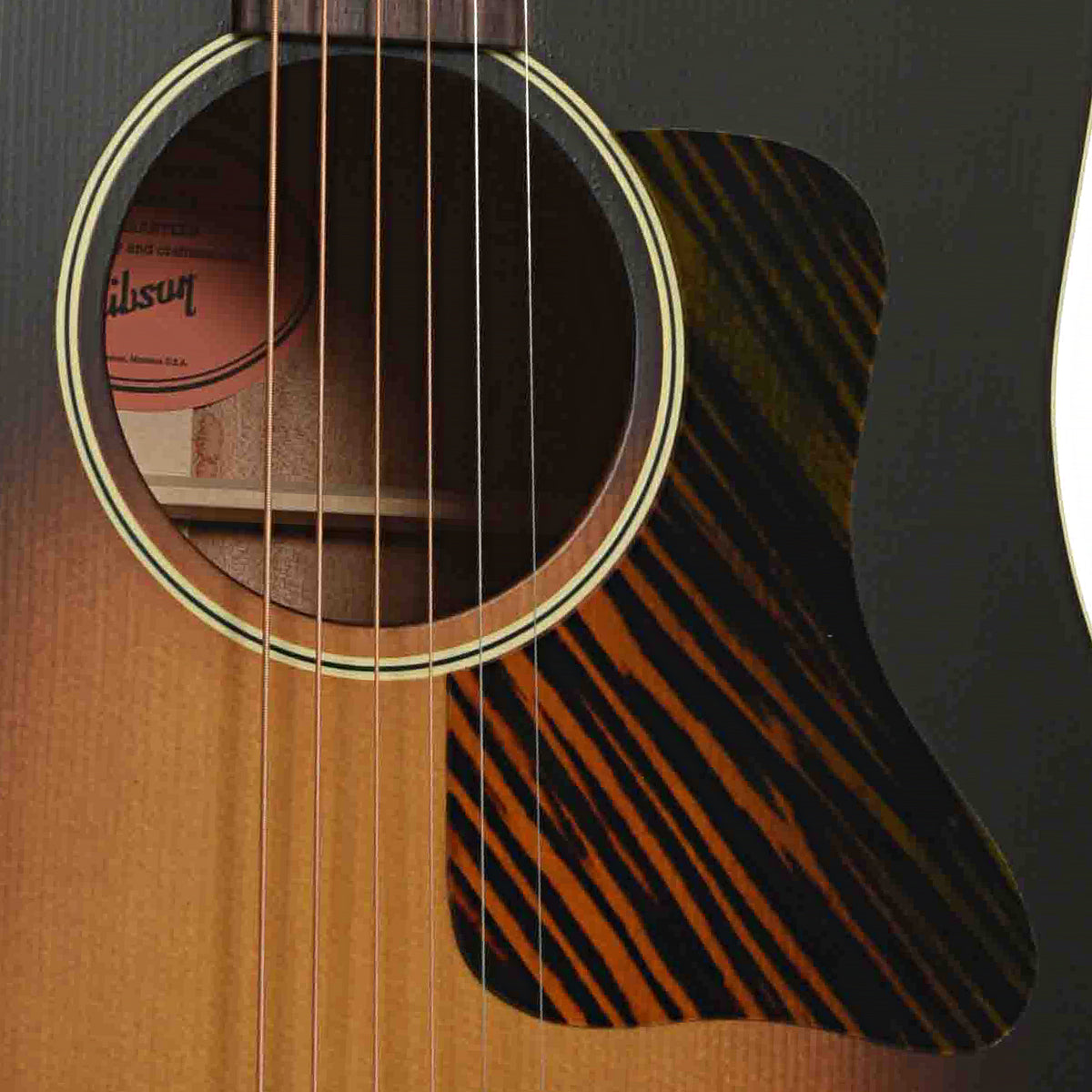 Soundhole of Gibson J-45 Century 12-Fret Acoustic Guitar & Case, Vintage Sunburst