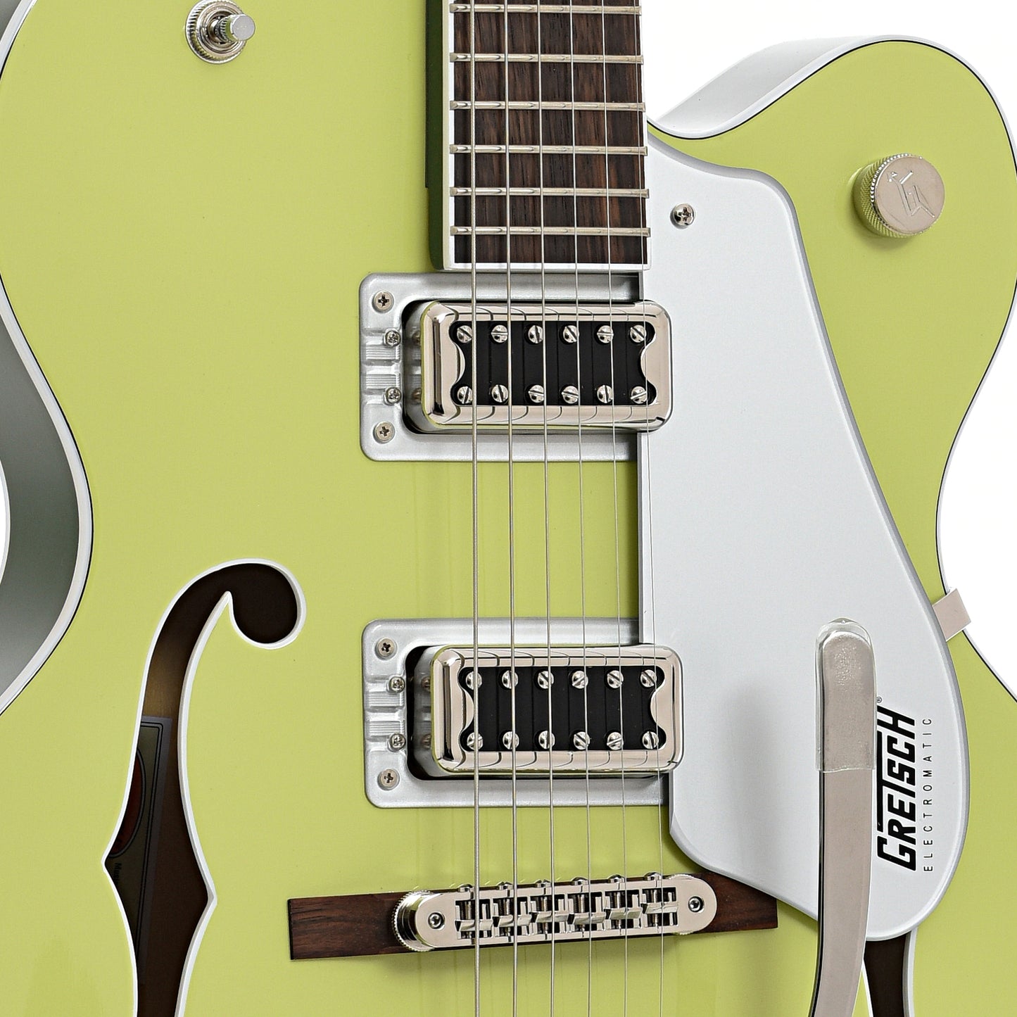 Bridge, Pickups and pickguard of Gretsch G5420T Electromatic Classic Single-Cut with Bigsby, Two-Tone Anniversary Green