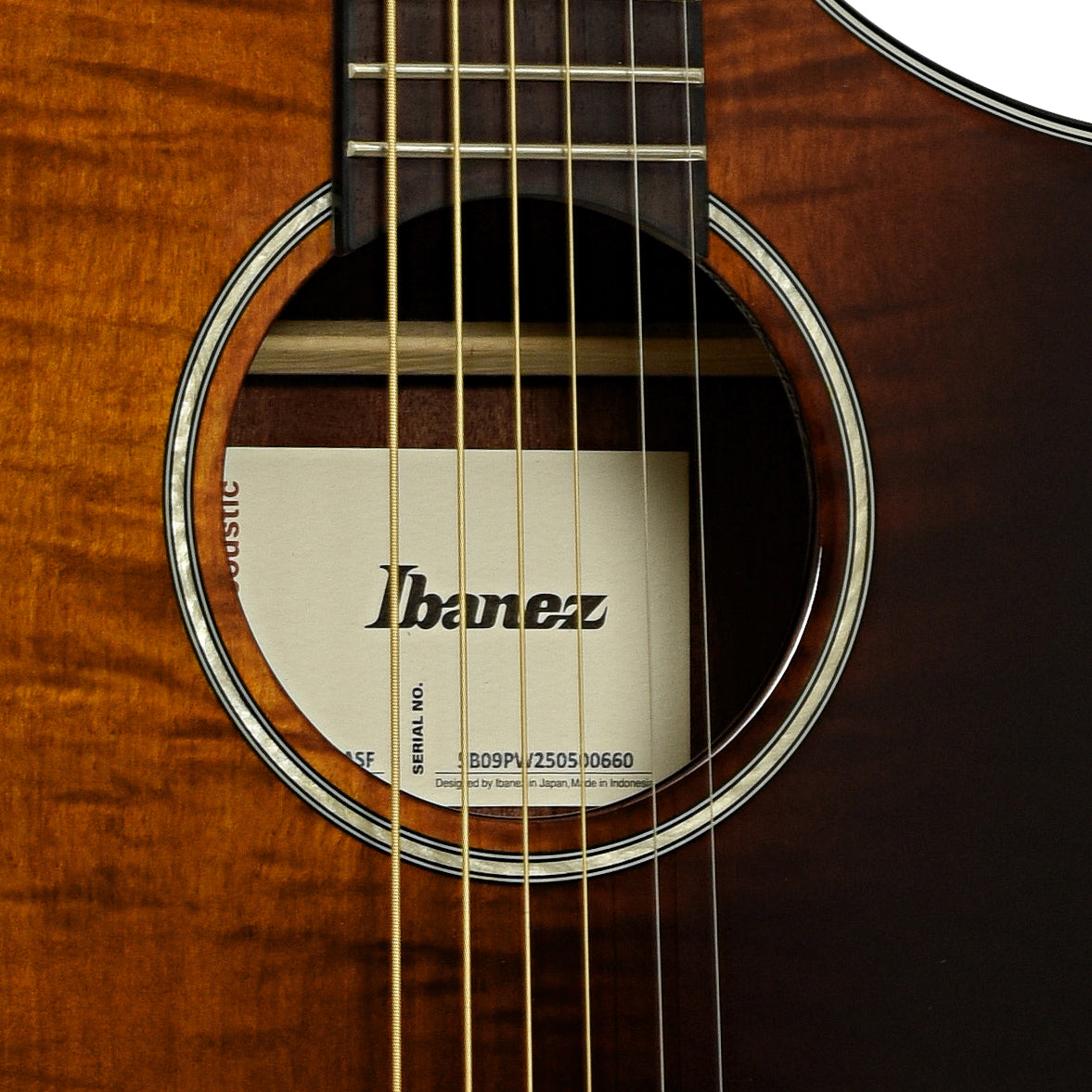 Soundhole of Ibanez AEWC32FM Thinline Acoustic-Electric Guitar Amber Sunset Fade