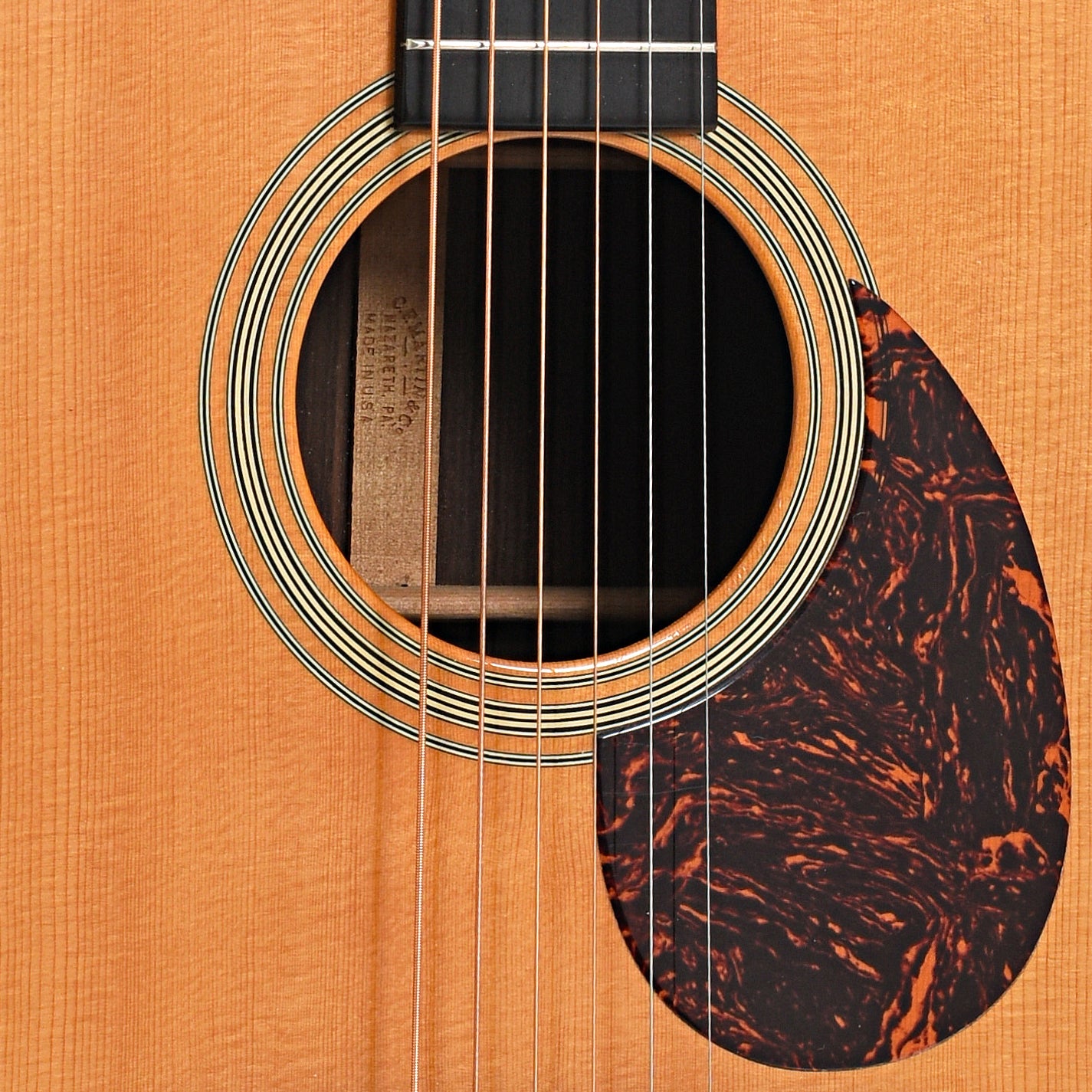 Soundhole and pickguard of  Martin OM-28V Acoustic Guitar (2001)