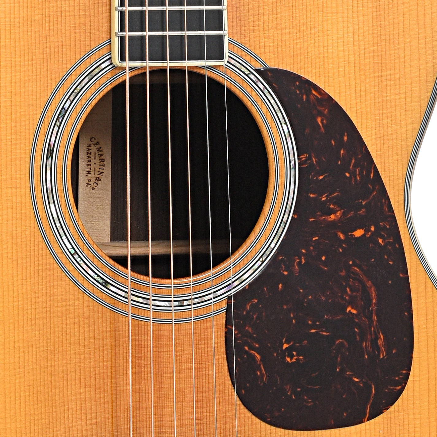 Sound hole and pickguard of Martin J-40 Acoustic Guitar (2018)