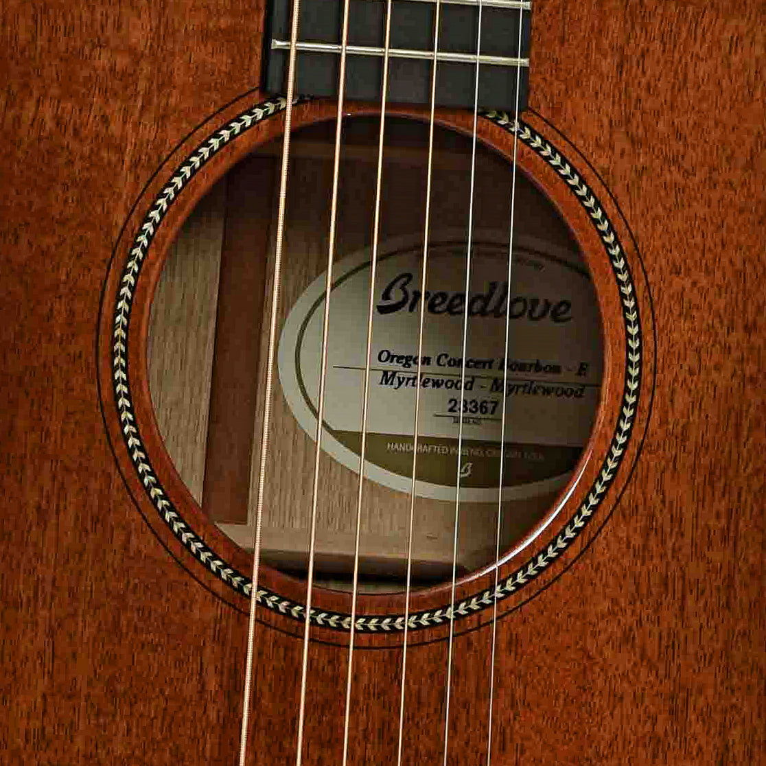 Soundhole of Breedlove Oregon Concert Bourbon E Acoustic Guitar
