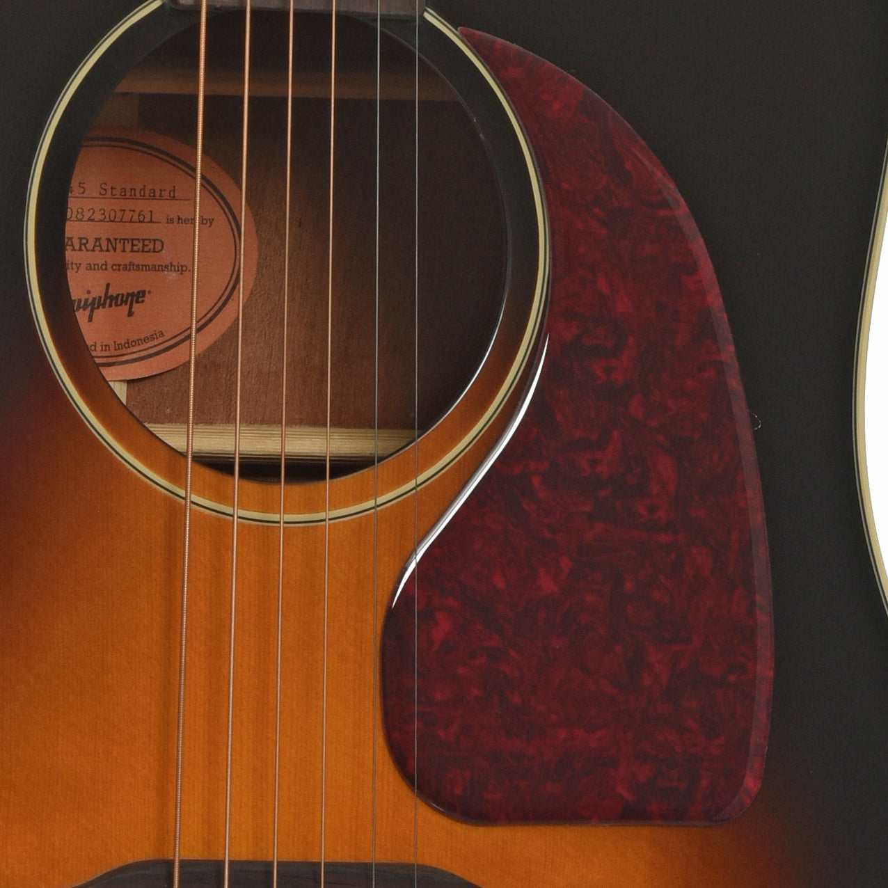 Soundhole of Epiphone J-45 Standard Acoustic Guitar