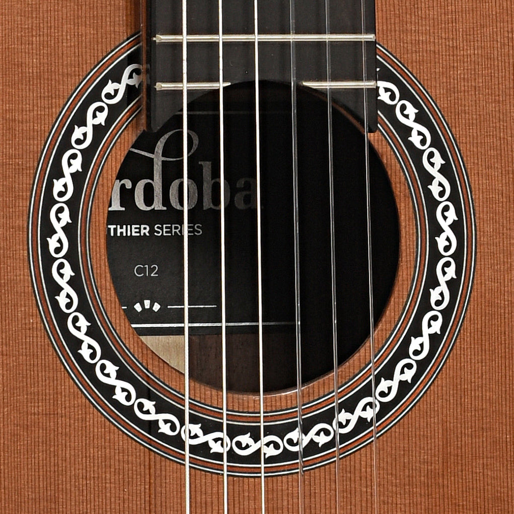 Sound hole of Cordoba C12 CD Classical Guitar and Case, Cedar Top