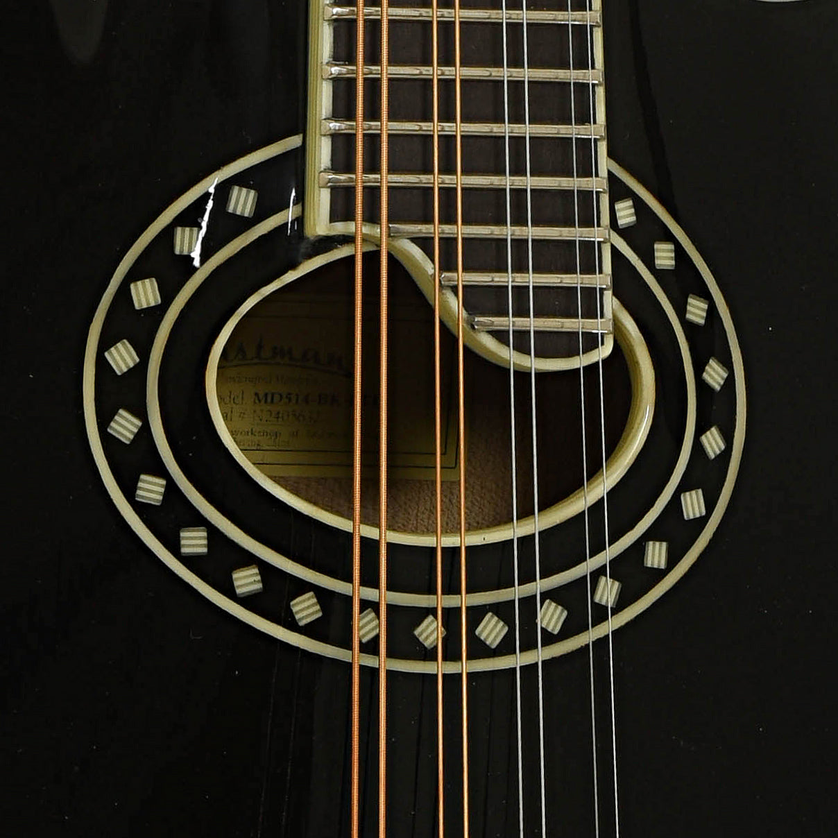Soundhole of Eastman MD514 BK LTD F-Style Mandolin 
