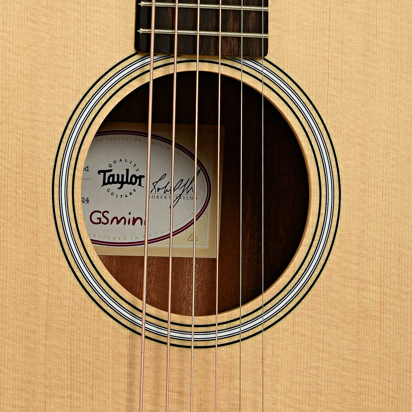 Soundhole of Taylor GS Mini-e LTD Figured Koa Acoustic Guitar 