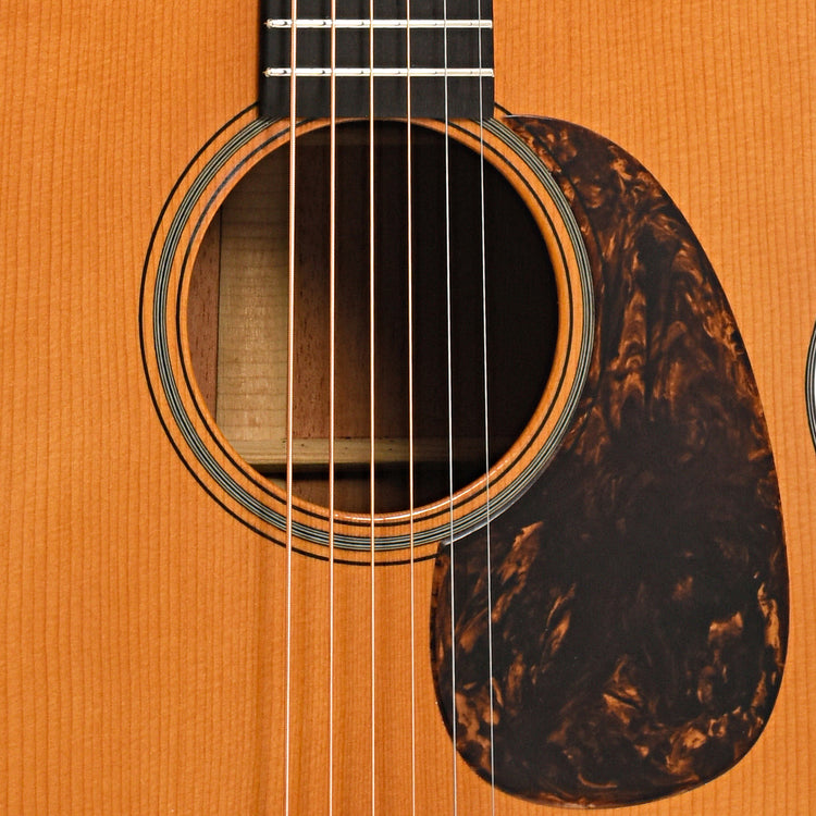 Sound hole and pickguard of Pre-War Guitars Co. OM Mahogany, Level 1, Modern Neck Profile