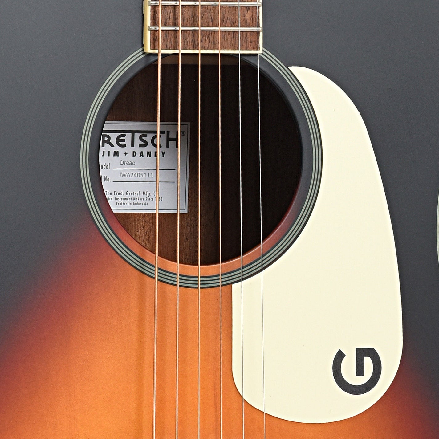 Sound hole of Gretsch Jim Dandy Dreadnought Acoustic Guitar, Rex Burst