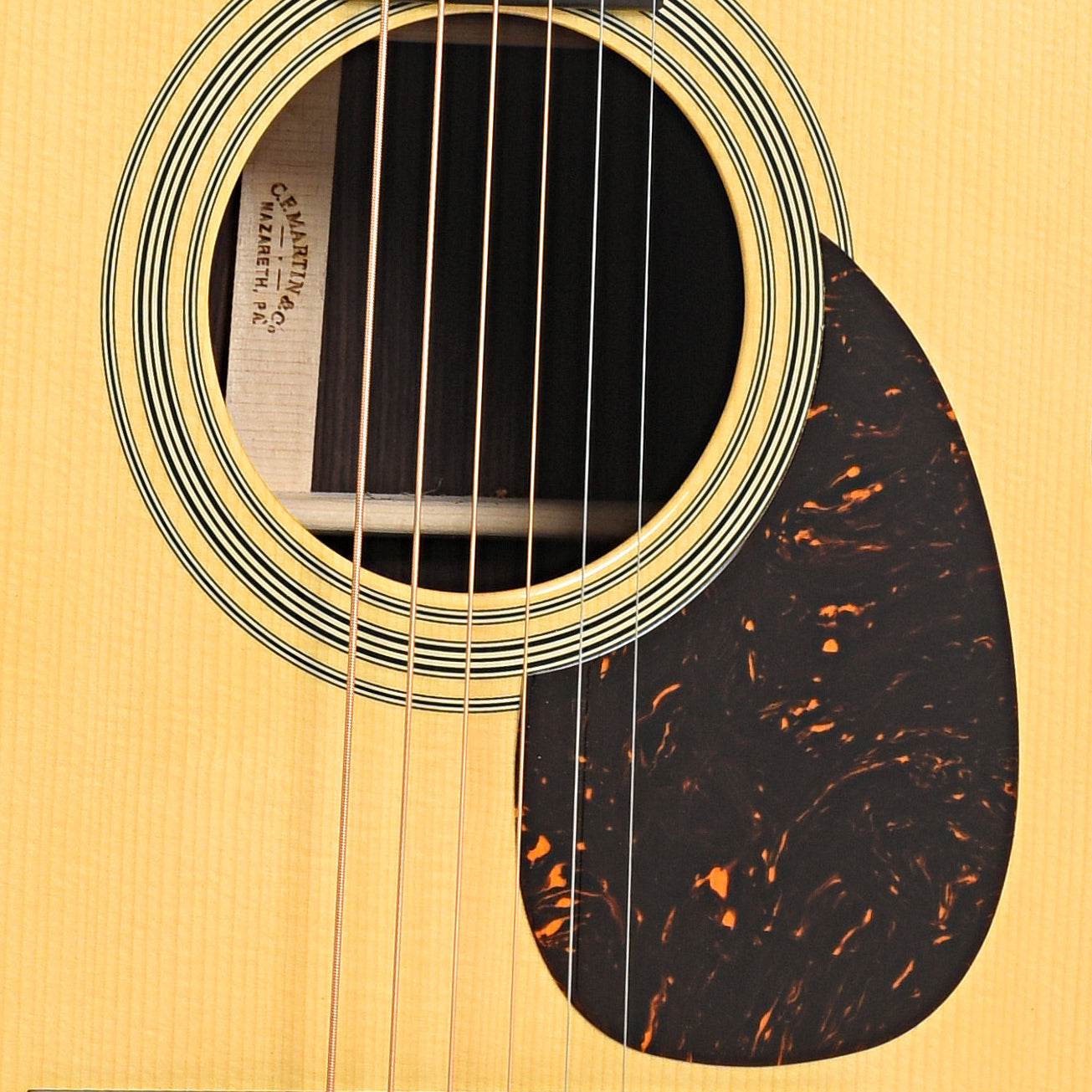 Soundhole of Martin Custom Herringbone 28-Style OM Guitar & Case, Thinner Adirondack Top