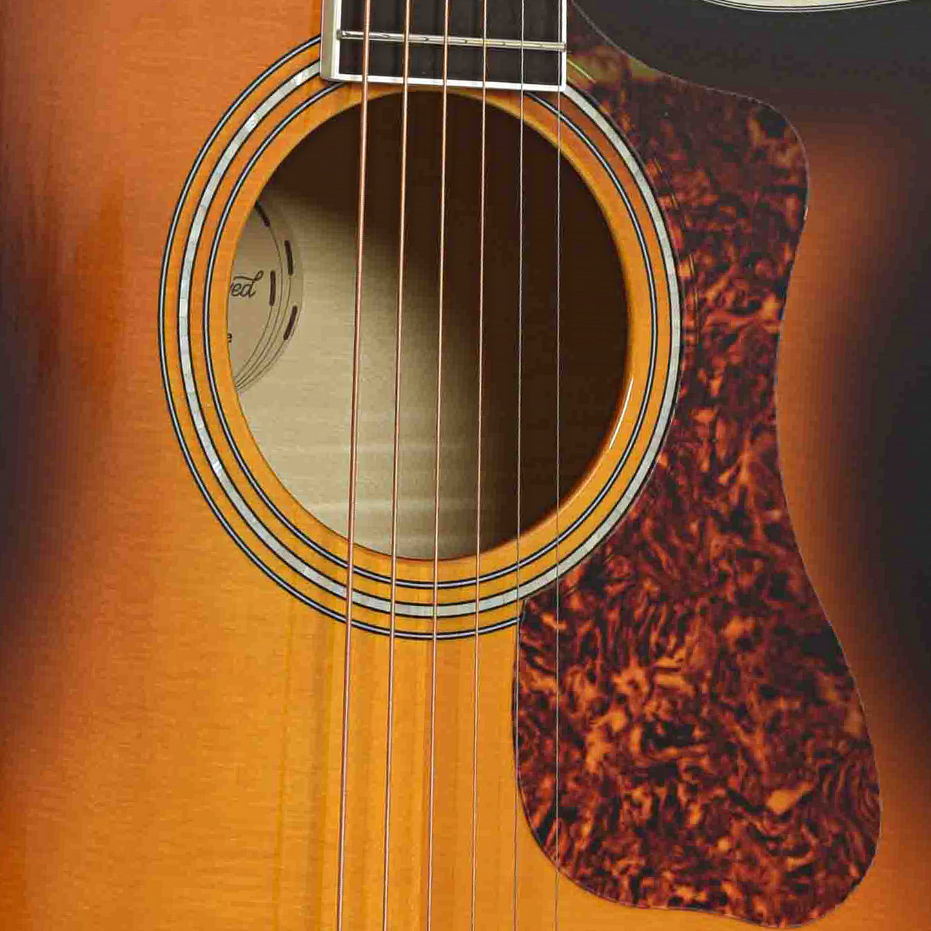 Soundhole of Guild F-250CE Deluxe Maple F-Jumbo Acoustic-Electric Guitar, Shopworn