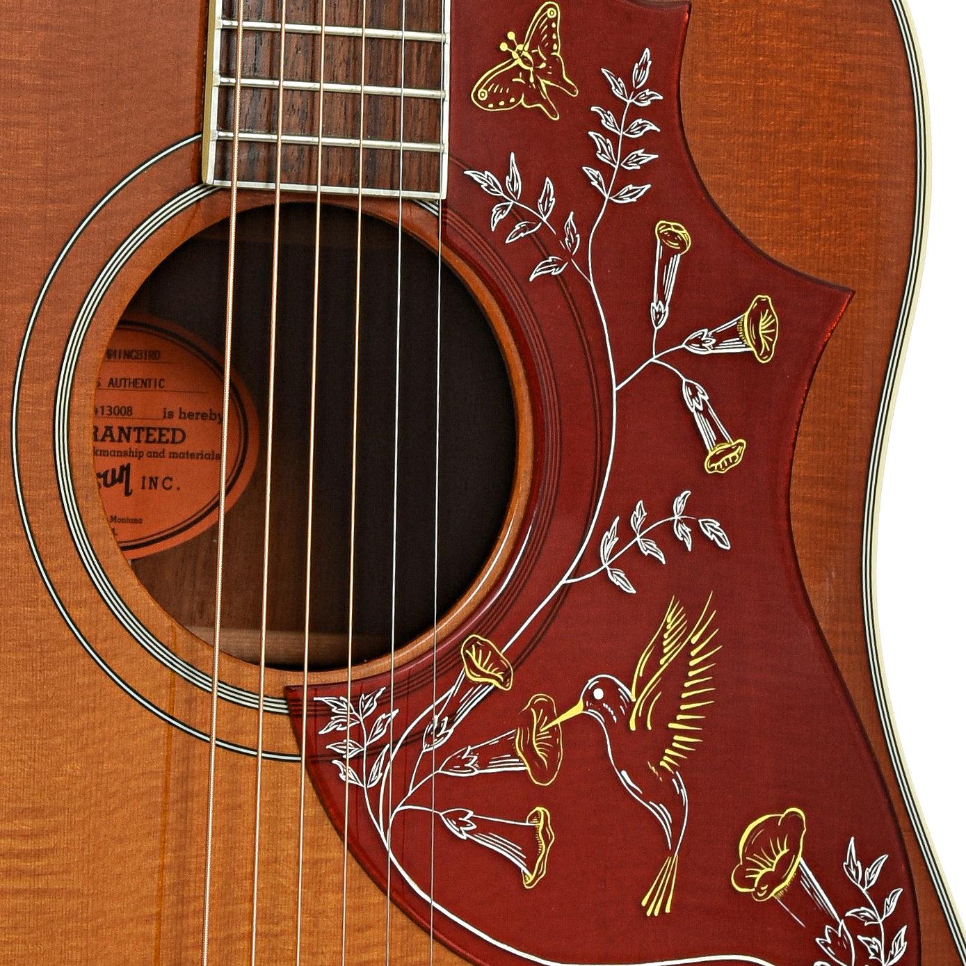 Soundhole of Gibson Hummingbird 60's Authentic Acoustic Guitar