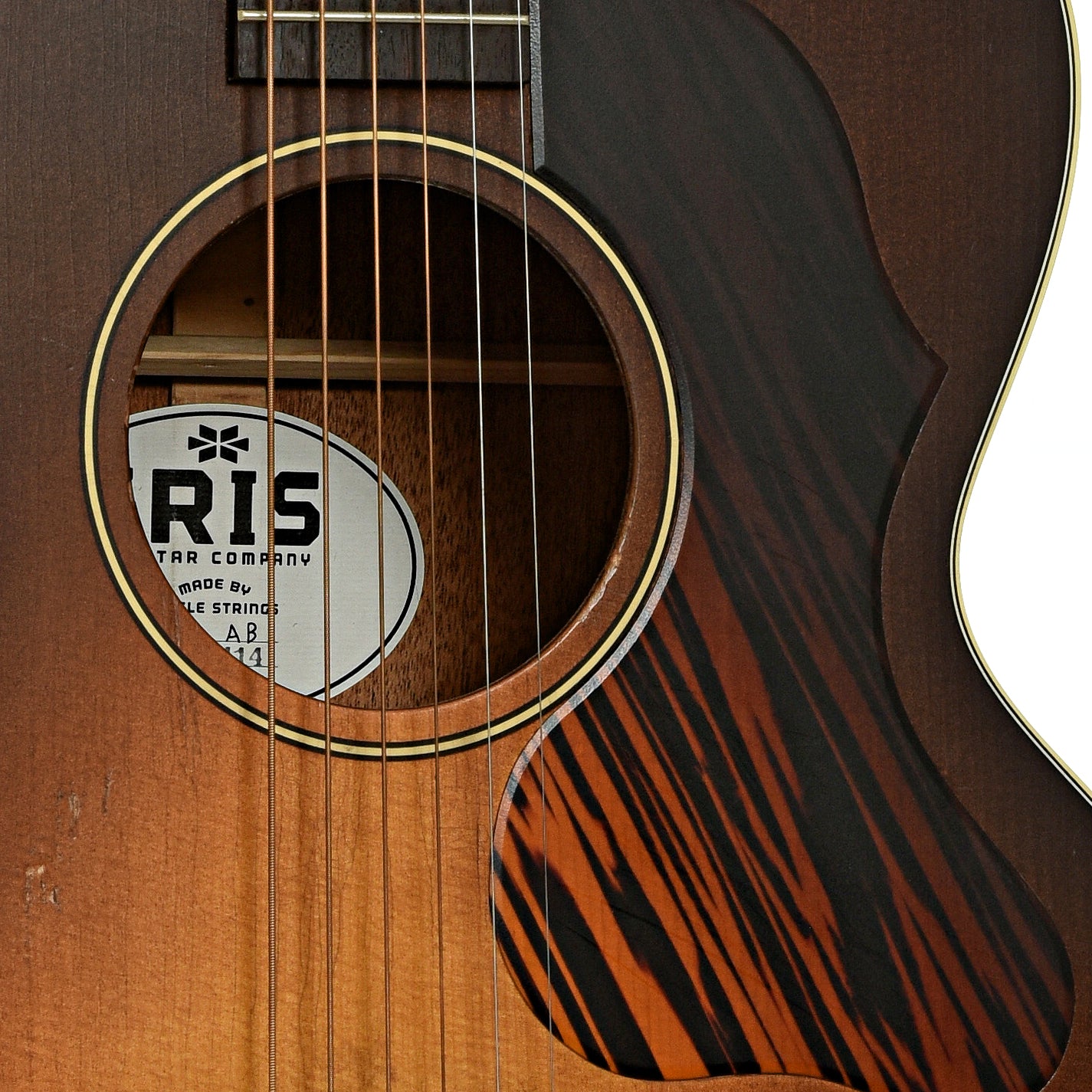 Soundhole of Iris Guitar Company AB Burst Relic Wide-Nut Small Jumbo Acoustic Guitar