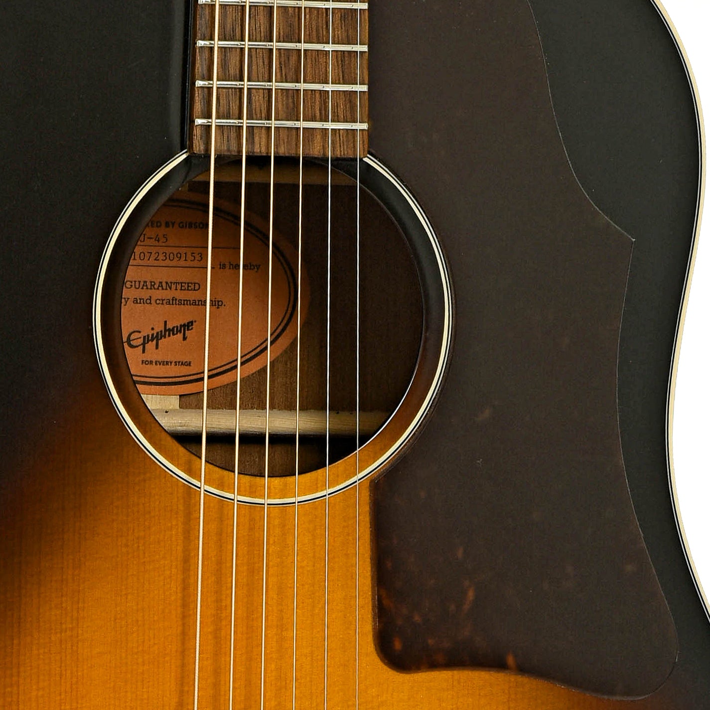 Soundhole of Epiphone Inspired by Gibson J-45 Acoustic Guitar