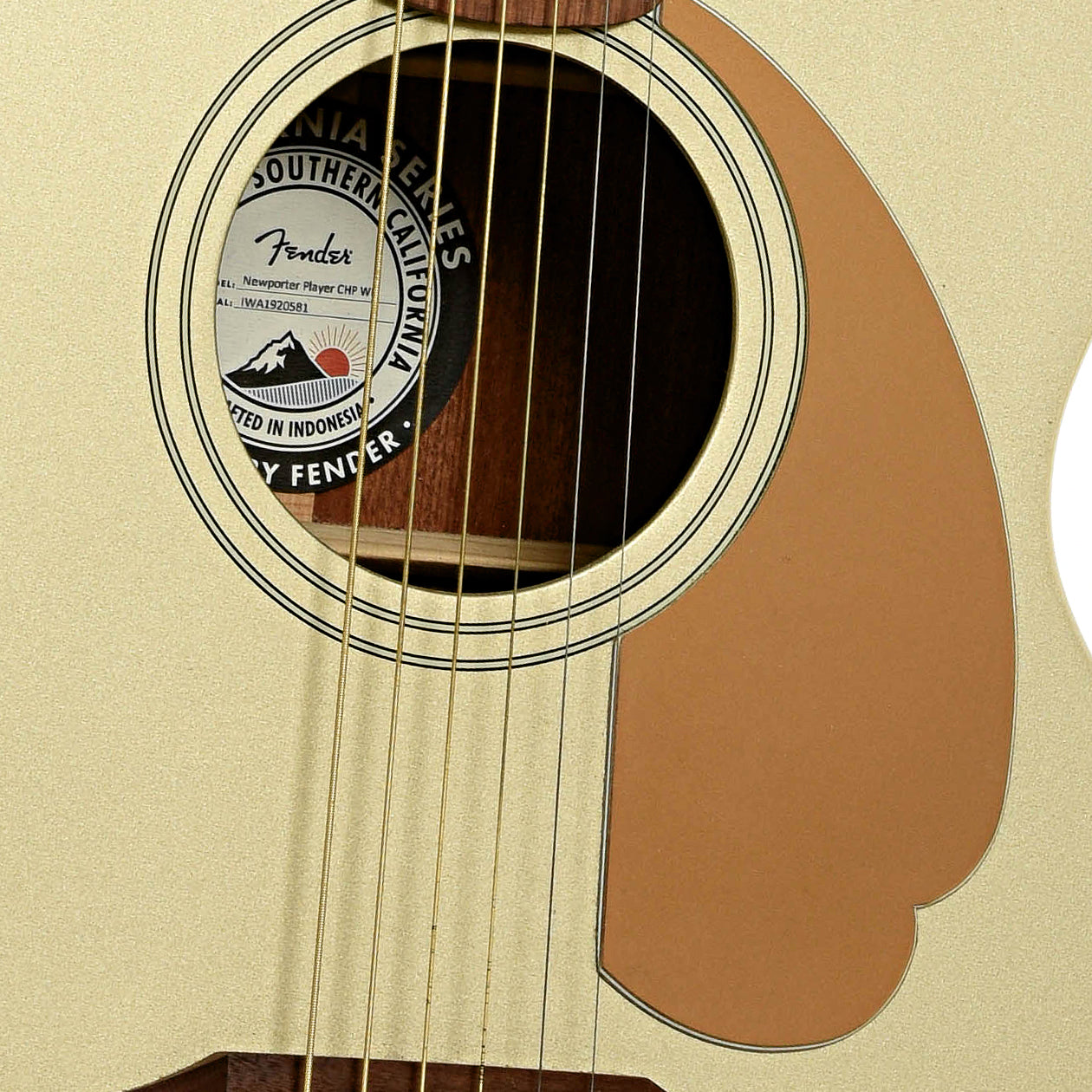 Soundhole of Fender Newporter Player Champagne Acoustic Guitar