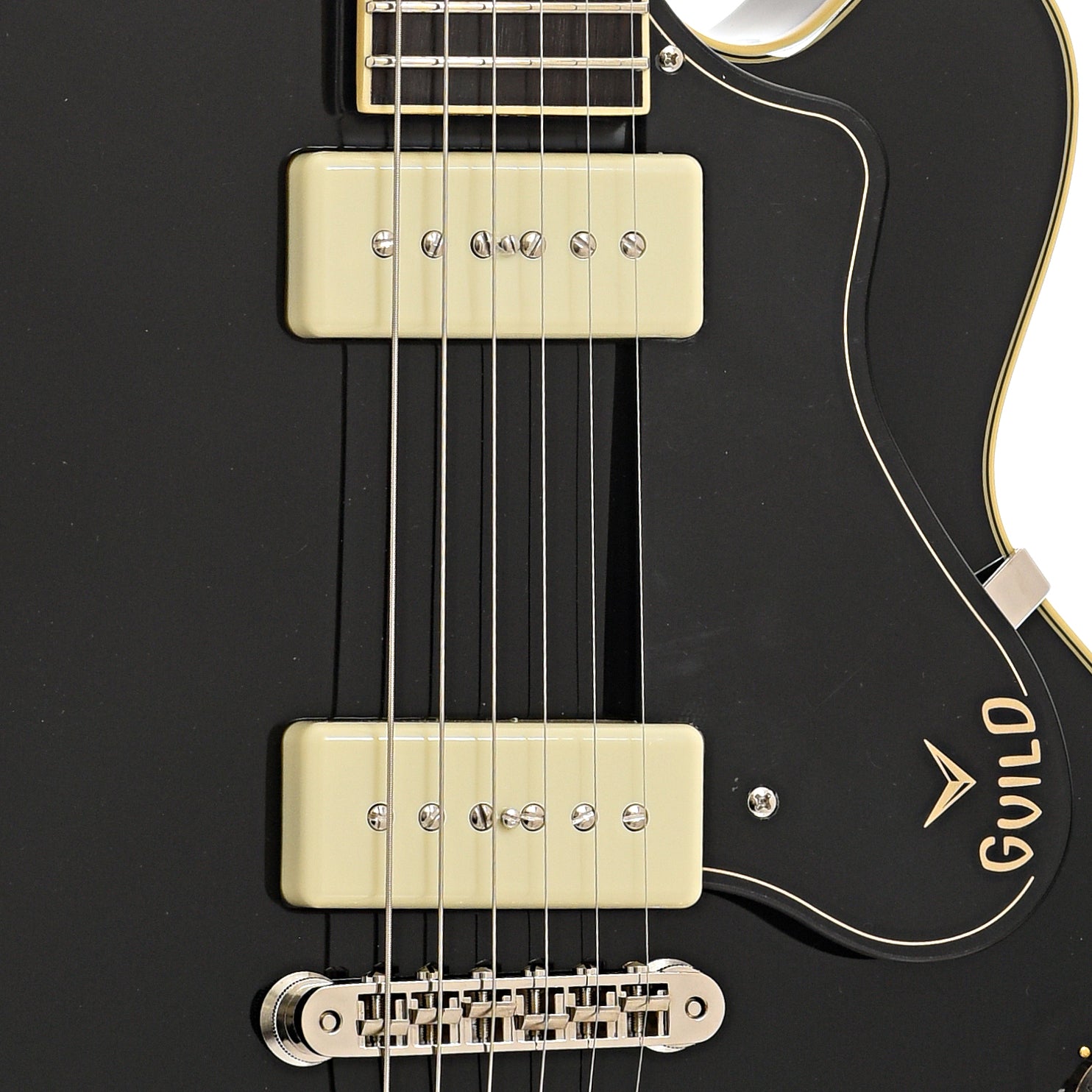 Bridge, pickups and pickguard of Guild Newark St. Collection M-75 Aristocrat Hollow Body Archtop Guitar, Limited Edition Black Finish