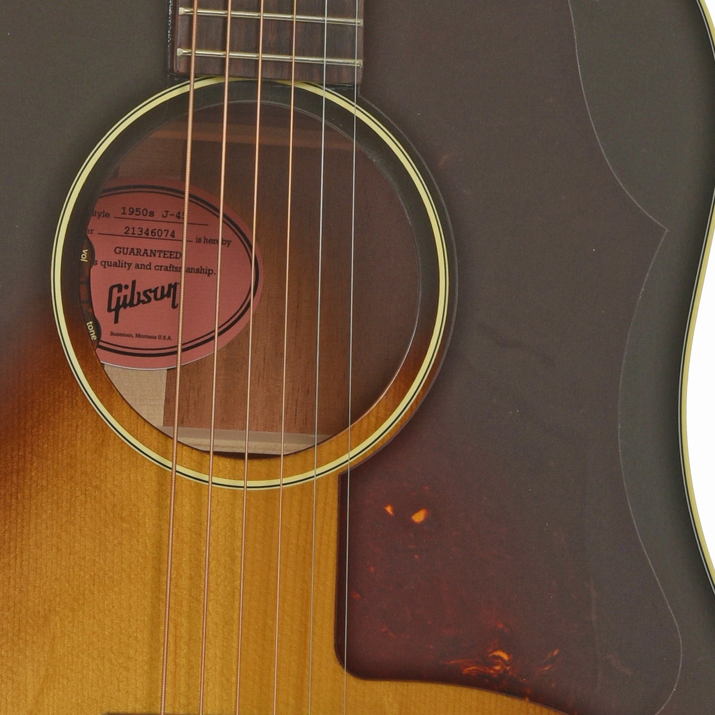 Soundhole of Gibson 50s J-45 Original Acoustic Guitar & Case, Vintage Sunburst